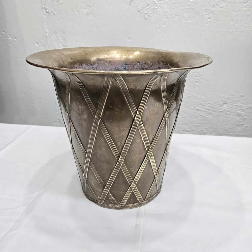 Vtg Brass Lattice‎ Overlay Planter Wastebasket 11